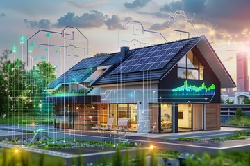 design of a infographic diagram for battery packs alternative electric clean energy storage system at smart home with solar panels roof as backup or sustainable energy concepts