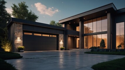 modern luxury house with garage door and concrete floor
