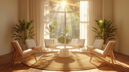 Modern psychologist's office with chairs in a circle, ready for group therapy, serene and supportive atmosphere