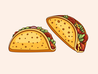 Illustration of a taco with a golden brown crispy shell decorated with spots to show texture. Inside, the taco is filled with green lettuce, red tomatoes, meat, and other ingredients,