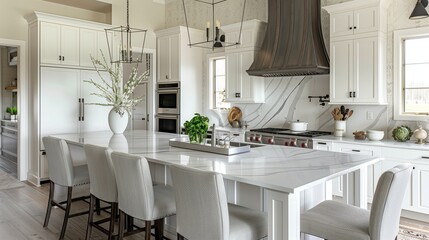 Elegant modern farmhouse kitchen design featuring white marble surfaces, charcoal grey bar chairs, and tasteful decor for a sophisticated look.