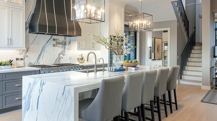 Elegant modern farmhouse kitchen with a white marble island, charcoal grey bar chairs, and sophisticated decor for a contemporary dining space.