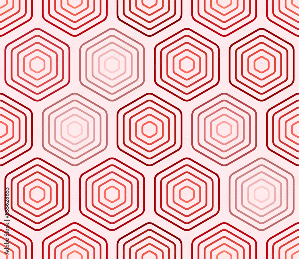 Poster pattern of hexagon shapes. red color tones gradients. rounded stacked hexagons mosaic cells. large h
