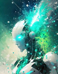 An energized white, blue and green cyborg disintegrating into an explosion of molecules - Generative Ai