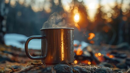 Metal cup of hot coffee, steam rising, with a bright campfire flickering in the background, close-up, perfect for camping ambiance