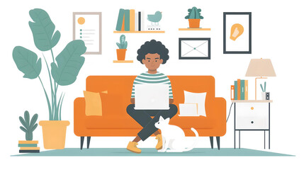 Fototapeta premium Illustration of a woman working on a laptop at home with a cat, surrounded by plants and cozy home decor.