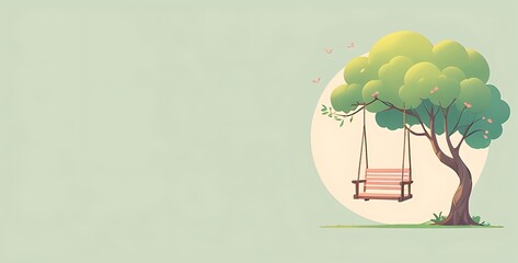 Tree with Swing, soft background with empty space, illustration