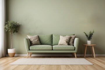 Interior home of living room with green sofa and plants on empty green wall, hardwood floor