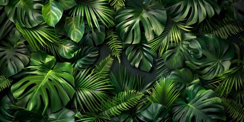 Fototapeta premium Lush green jungle with leaves and vines. Tropical rainforest background.