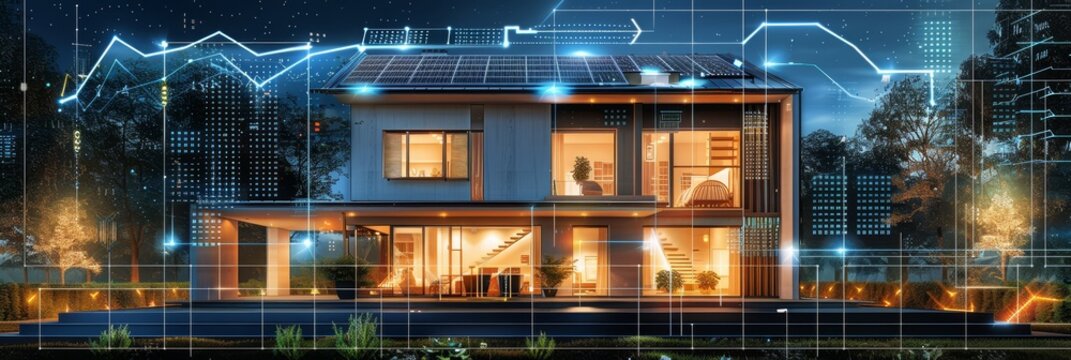 wide banner design of a infographic diagram for battery packs alternative electric clean energy storage system at smart home with solar panels roof as backup or sustainable energy concepts