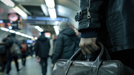 Fototapeta premium A candid close-up of a commuter's hand holding onto the handle of a rolling bag in a crowded subway station, navigating through the rush hour crowd