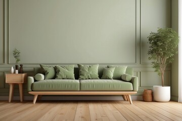 Interior home of living room with green sofa and plants on empty green wall, hardwood floor