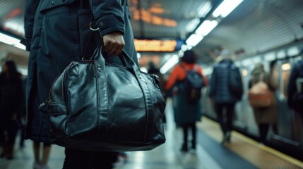 A heartfelt close-up of a commuter's hand gripping the handle of a rolling bag in a crowded subway station, capturing the energy and rhythm of urban travel