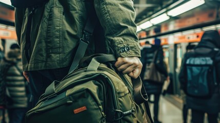 A heartfelt close-up of a commuter's hand gripping the handle of a rolling bag in a crowded subway station, with the thrill of adventure evident in their eager expression