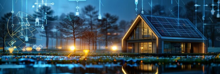 wide banner design of a infographic diagram for battery packs alternative electric clean energy storage system at smart home with solar panels roof as backup or sustainable energy concepts