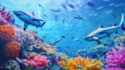 Obraz premium Superb Underwater survive Flock of oceanic sharks on the hunt Dark sea color