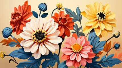 Bold geometric floral art with vibrant hues and contemporary flair in highres flat vector style.