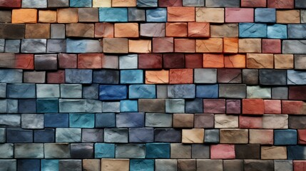 Vibrant geometric brick wall design with abstract patterns, detailed textures and modern flair, in bright colors.