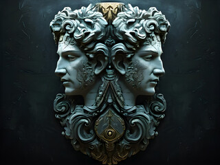 Janus, the two faces Roman anscient God. Janus wallpaper illustration concept with their faces turned away from each other