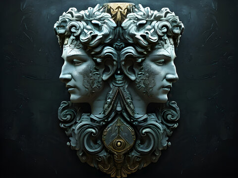 Janus, the two faces Roman anscient God. Janus wallpaper illustration concept with their faces turned away from each other