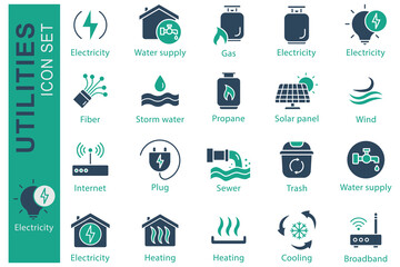 Utilities icon set. Electricity, Water supply, Propane, and more. solid icon style. utilities element vector illustration