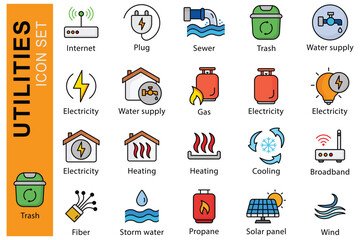 Utilities icon set. Electricity, Water supply, Propane, and more. colored outline icon style. utilities element vector illustration