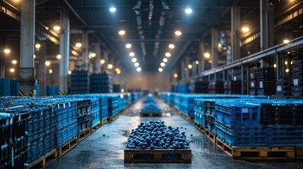 Warehouse scene with rows of blueberry crates on pallets, awaiting transport, under industrial lighting