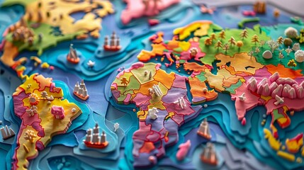 Vibrant 3D plasticine map, continents in bold colors, decorated with tiny symbols representing cultural heritage
