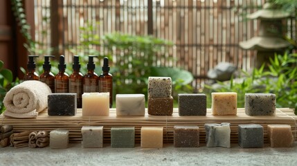 Variety of solid shampoo bars displayed in a spa, with rolled towels, essential oil bottles, and a zen garden backdrop