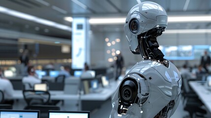 AI Robot at Workstation Performing Office Tasks in Modern Office Environment -Generative AI