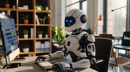 Fototapeta premium AI Robot at Workstation Performing Office Tasks in Modern Office Environment -Generative AI