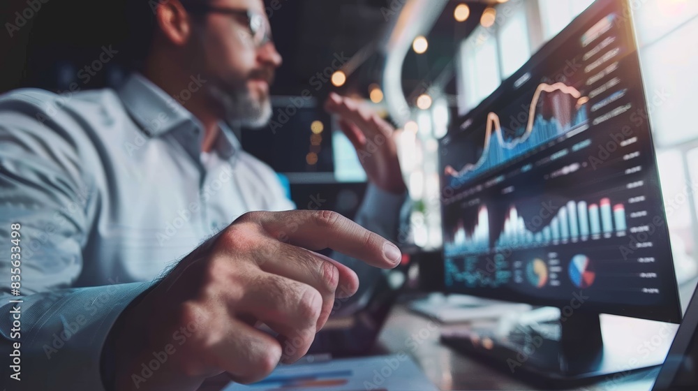 Poster a businessman analyzes data on a computer screen, focusing on a detailed graph with his finger point