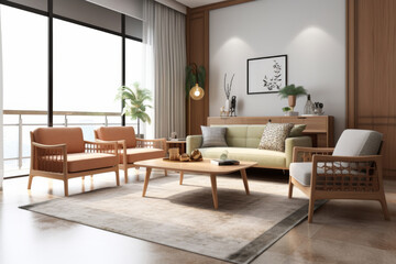 Interior design. Computer Generated Image Of Modern apartment living room. Architectural Visualization. 3D Render.
