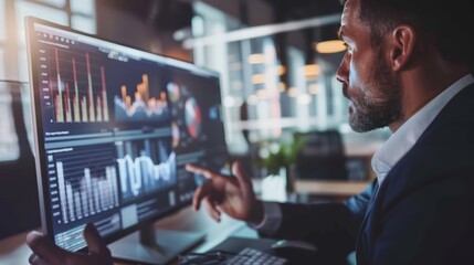 Business professional analyzing financial data on a computer screen in a modern office environment, focused on graphs and charts.