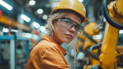 A female engineer in a factory, wearing safety gear and looking directly at the camera. A robotic arm is visible in the background.