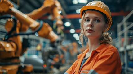 A female engineer in a factory, standing confidently in front of an industrial robot arm.