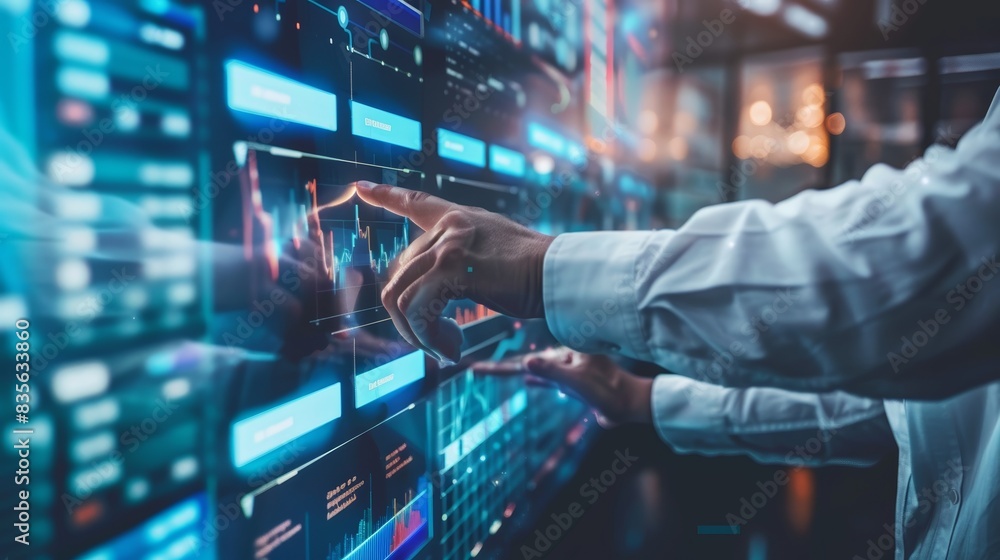 Poster a person interacts with a large digital display, analyzing data and financial charts. the futuristic