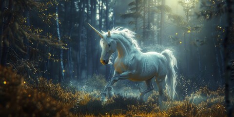 A unicorn is running through a forest with a bright light shining on it © Irfanan