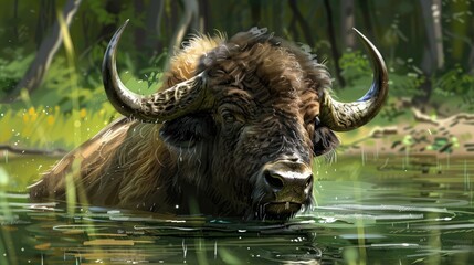 Buffalo is frolicking and swimming in the pond