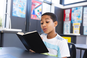 Biracial boy focuses on reading in a classroom adorned with educational posters.