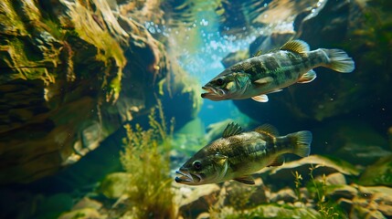 Fototapeta premium 川の大きな崖の横に隠れるオオクチバス