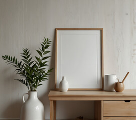 Portrait picture frame mockup in white minimalistic interior. empty frame mockup. Copy space
