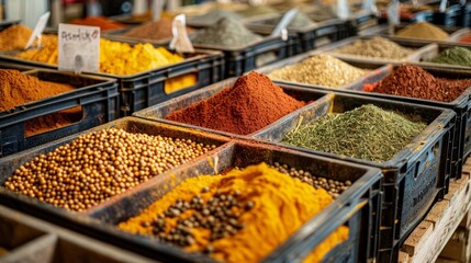 Fototapeta premium Sturdy crates containing raw spice blends such as curry powder, paprika, and coriander, labeled and prepared for shipment