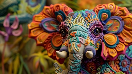 Fototapeta premium Close up, colorful 3D, handcrafted plasticine elephant with detailed textures, vibrant patterns, and expressive eyes, set in a whimsical jungle