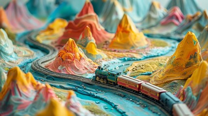 Close up, a vibrant model train made of plasticine winds through a mountain range with textured clay peaks and valleys