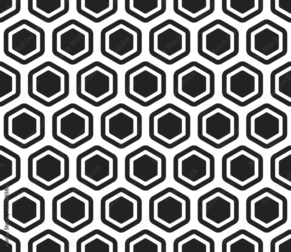 Poster hexagon geometric shapes background. bold rounded hexagon cells with padding and inner solid cells. 