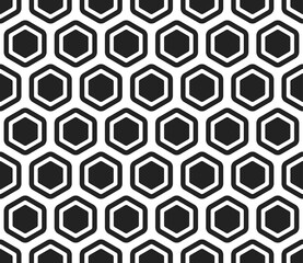Hexagon geometric shapes background. Bold rounded hexagon cells with padding and inner solid cells. Large hexagon shapes. Seamless tileable vector illustration.