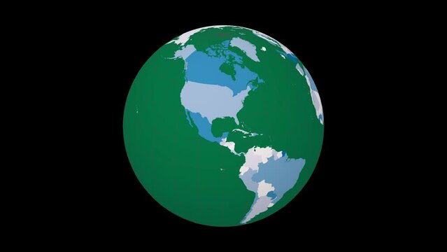 Rotating globe. Slanted sphere view. Fast speed globe rotation. Colored countries style. World map with sparse graticule lines on black background. Vibrant animation.