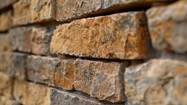 Soft earthy tones of mortar complement the warm rustic hues of the bricks in this closeup construction shot.
