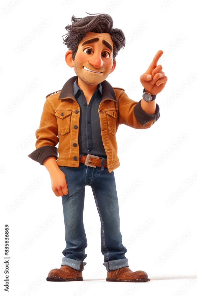 Poster cartoon man points a finger at an empty place extreme closeup. generative ai